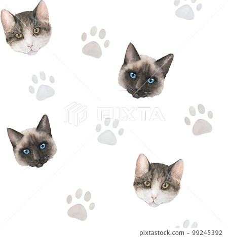 Seamless watercolor pattern with pastel paw prints, cats' heads on white background 99245392
