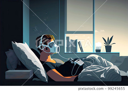 person sleeping in bed with oxygen mask and air purifier in room person sleeping in bed with oxygen mask and air purifier in room 99245655