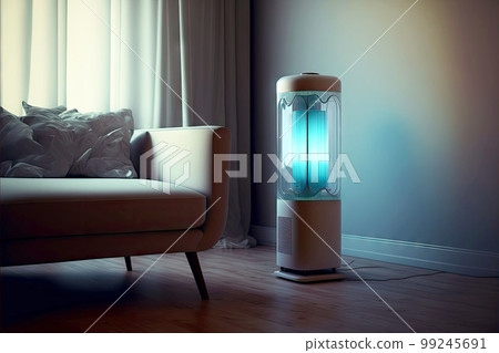 air purifier in room with high ceiling and glowing glass lamp air purifier in room with high ceiling and glowing glass lamp 99245691