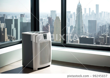 new york office with air purifier in room against backdrop of skyscrapers 99245837