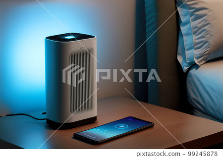 air purifier in room with light and mobile phone on table air purifier in room with light and mobile phone on table 99245878