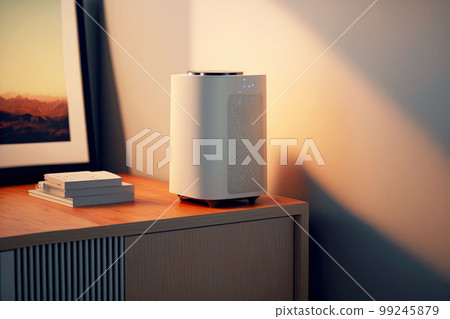 air purifier in room with light and mobile phone on table 99245879