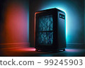 air purifier in room against backdrop of dark night lit by neon lights 99245903