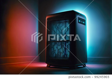air purifier in room against backdrop of dark night lit by neon lights 99245903