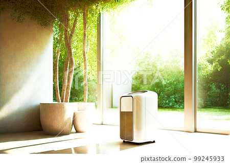 air purifier in room with large windows to courtyard 99245933