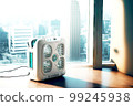 air purifier in room with mask and nebulizer against background of city 99245938
