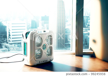 air purifier in room with mask and nebulizer against background of city air purifier in room with mask and nebulizer against background of city 99245938