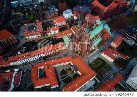 Tumski island and Cathedral of St John the Baptist in Wroclaw, Aerial view of old town with historical architecture in Wroclaw city, Poland 99246477