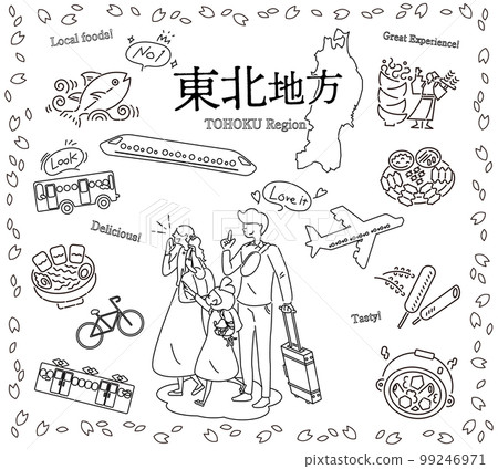 A family of three who enjoys spring gourmet sightseeing in the Tohoku region of Japan, a set of icons (line drawing black and white) 99246971