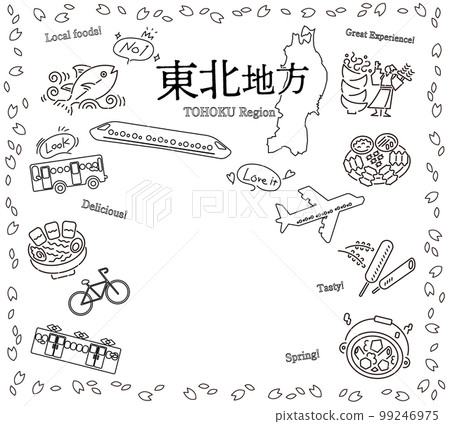 A set of spring gourmet tourism icons in the Tohoku region of Japan (line drawing black and white) 99246975