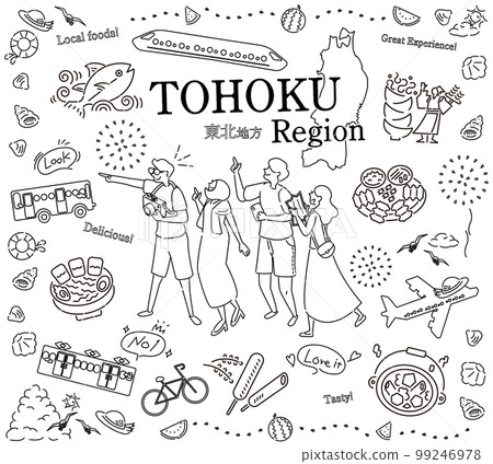 Tourists enjoying summer gourmet sightseeing in the Tohoku region of Japan, a set of icons (line drawing black and white) 99246978