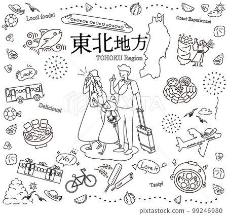 在日本東北地區享受夏季美食觀光的一家三口，一組圖標（黑白線描） 99246980