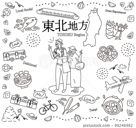 A senior couple enjoying summer gourmet sightseeing in the Tohoku region of Japan, a set of icons (line drawing black and white) 99246982