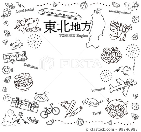 日本東北地區的一組夏季美食旅遊圖標（黑白線描） 99246985