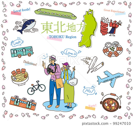 A senior couple enjoying spring gourmet sightseeing in the Tohoku region of Japan, a set of icons (line drawing) 99247010