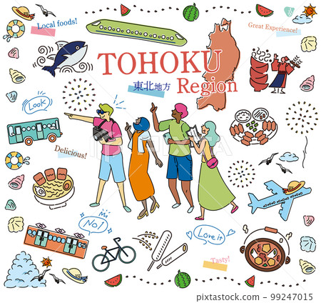 Tourists enjoying summer gourmet tourism in the Tohoku region of Japan, set of icons (line drawing) 99247015