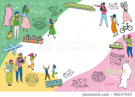 Tourists enjoying spring gourmet sightseeing in the Tohoku region of Japan, set of icons (line drawing) 99247043