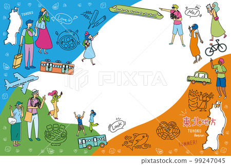 Tourists enjoying summer gourmet tourism in the Tohoku region of Japan, set of icons (line drawing) 99247045