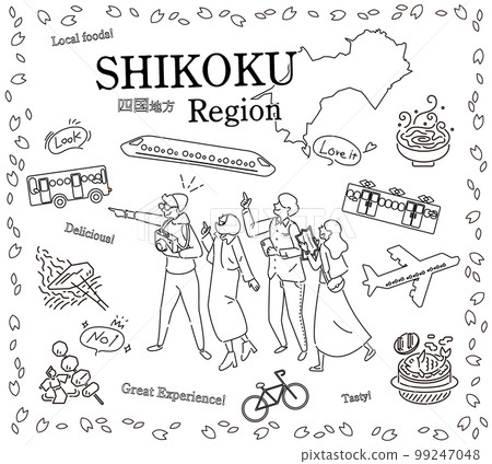 Tourists enjoying spring gourmet sightseeing in the Shikoku region of Japan, a set of icons (line drawing black and white) 99247048