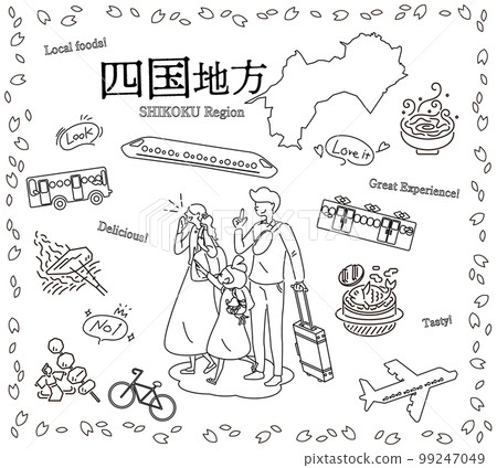 A family of three who enjoys spring gourmet sightseeing in the Shikoku region of Japan, a set of icons (line drawing black and white) 99247049