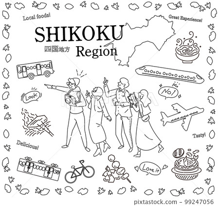 遊客在日本四國地區享受秋季美食觀光，一組圖標（黑白線描） 99247056