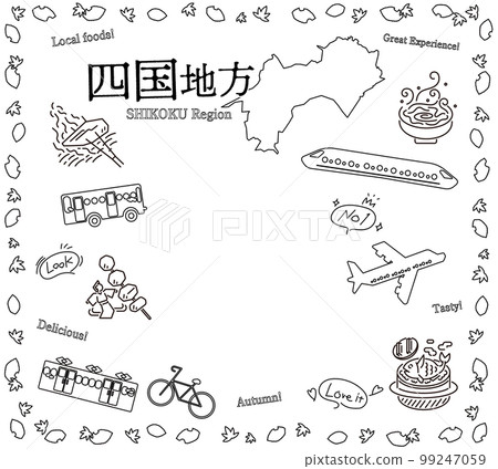 A set of autumn gourmet tourism icons in the Shikoku region of Japan (line drawing black and white) 99247059