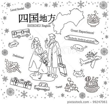 A family of three who enjoys winter gourmet sightseeing in the Shikoku region of Japan, a set of icons (line drawing black and white) 99247061