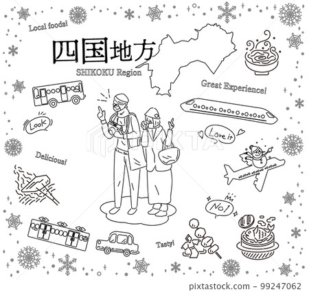 一對老年夫婦在日本四國地區享受冬季美食觀光，一組圖標（黑白線描） 99247062