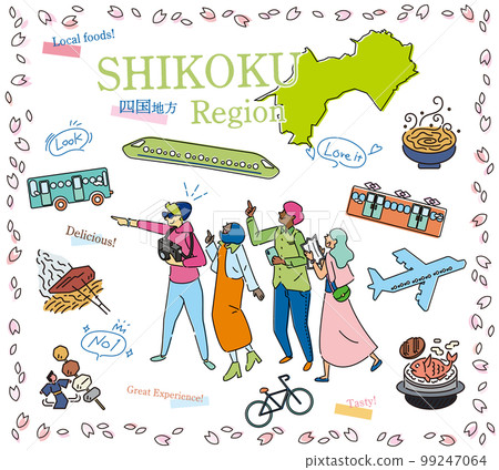 Tourists enjoying spring gourmet sightseeing in the Shikoku region of Japan, a set of icons (line drawing) 99247064