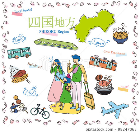 A family of three enjoying spring gourmet sightseeing in the Shikoku region of Japan, a set of icons (line drawing) 99247065