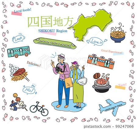 A senior couple enjoying spring gourmet sightseeing in the Shikoku region of Japan, a set of icons (line drawing) 99247066