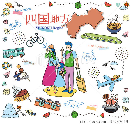 A family of three who enjoys summer gourmet sightseeing in the Shikoku region of Japan, a set of icons (line drawing) 99247069