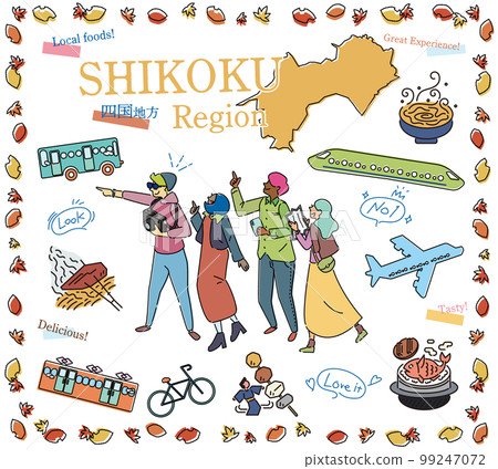 Tourists enjoying autumn gourmet sightseeing in the Shikoku region of Japan, a set of icons (line drawing) 99247072