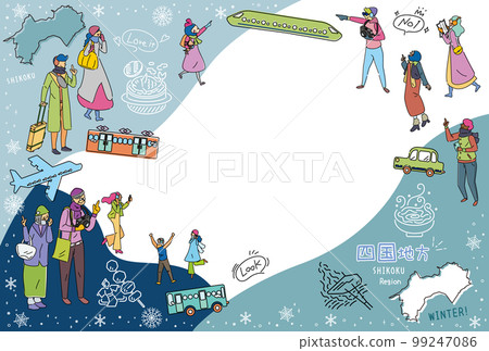Tourists enjoying winter gourmet sightseeing in the Shikoku region of Japan, a set of icons (line drawing) 99247086