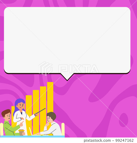 People sitting at table discussing latest news. White dialogue bubble contains important information. Empty big whiteboard for text on bright colored background. 99247162