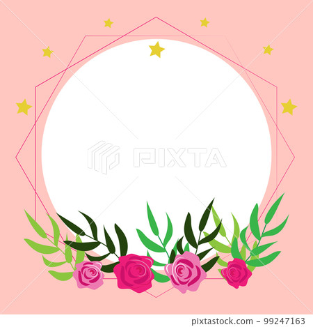 Circle Shape Pink Color. Text Frame Surrounded With Assorted Flowers Hearts And Leaves. Framework For Writing Ringed With Different Daisies, Hearts And Tree Leaves. 99247163