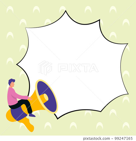 Man sitting on megaphone. Big empty dialog bubble for brand new information. White blank space for text. Presented Critical Updates. Bright colored background. 99247165