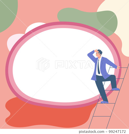 Businessman standing on stairs looking at text. Big whiteboard contains important information. Empty speech bubble with brand new Ideas. Presented Critical Updates. Businessman standing on stairs looking at text. Big whiteboard contains important information. Empty speech bubble with brand new Ideas. Presented Critical Updates. 99247172