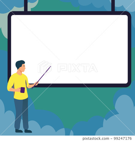 Man pointing with pointer stick to important information written on whiteboard. Large Conversation Balloon with New Ideas. Blank speech bubble contains Recent Updates. 99247176