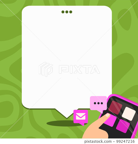 Mobile phone with information on the screen. Bright color illustration with important information. Big white speech bubble for text. Agenda. Critical Updates Displayed. 99247216