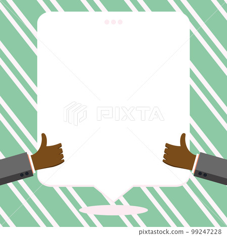 Big finger raised up pointing to whiteboard with information. White text holder behind hands contains main message. Empty speech bubble on bright colored background. 99247228