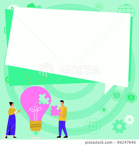 Man and woman standing near big bulb with peace of puzzle. Two People Displaying Recent Updates. White dialog bow for text on bright colored background. 99247648