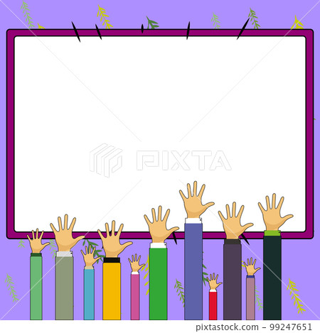 Hands raised up pointing to whiteboard with important information. Big white text holder behind main object contains message. Empty speech bubble on colored background. 99247651