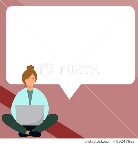 Yung girl sitting on the floor with laptop. Typing message. Important information written over white board under woman head. Big place for text behind model. 99247652