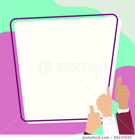 Big finger raised up pointing to whiteboard with important information. White text holder behind hands contains main message. Empty speech bubble on bright colored background. 99247695