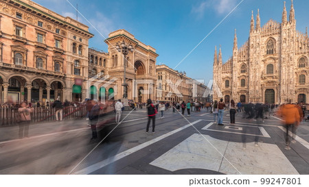 Panorama showing Vittorio Emanuele gallery and Milan Cathedral timelapse. 99247801