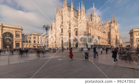 Panorama showing Milan Cathedral and Vittorio Emanuele gallery timelapse. 99247802