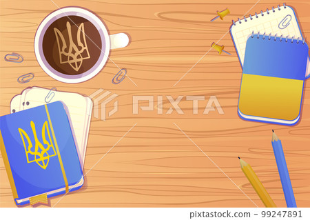 Ukrainian workplace with stationary, cup with coffee, notebook, paper notes top view on wooden desk, table in cartoon style. Ukrainian workplace with stationary, cup with coffee, notebook, paper notes top view on wooden desk, table in cartoon style. 99247891