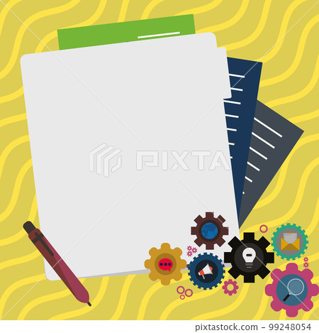 Paper sheets with text laying on bright colored background. Pencil draws main message. Notebook contains important information. Empty Space For Advertising. 99248054