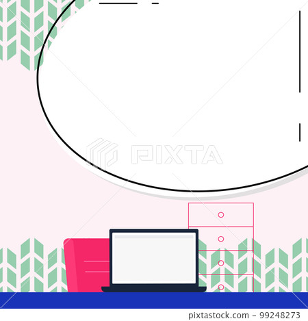 Laptop standing on desk near box. White screen contains new important information. Computer monitor with message. Empty text holder on bright colored background. 99248273